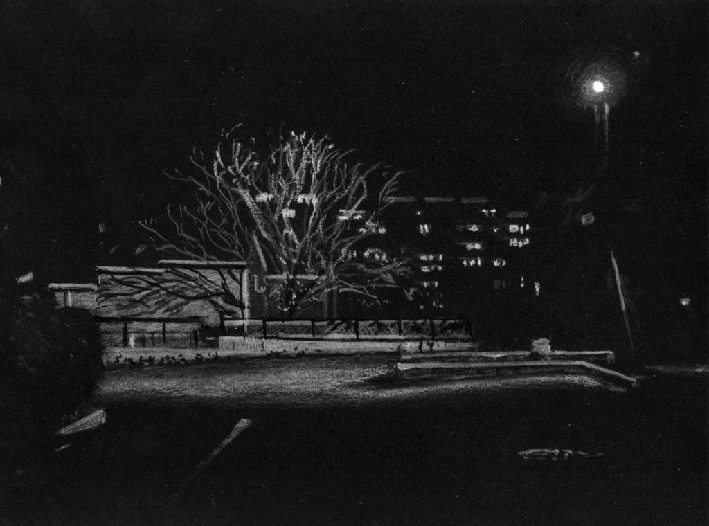 Joël Degbo, L'arbre qui cache la cité, white pencil on paper, 12x16cm, 2021, Courtesy SEPTIEME Gallery