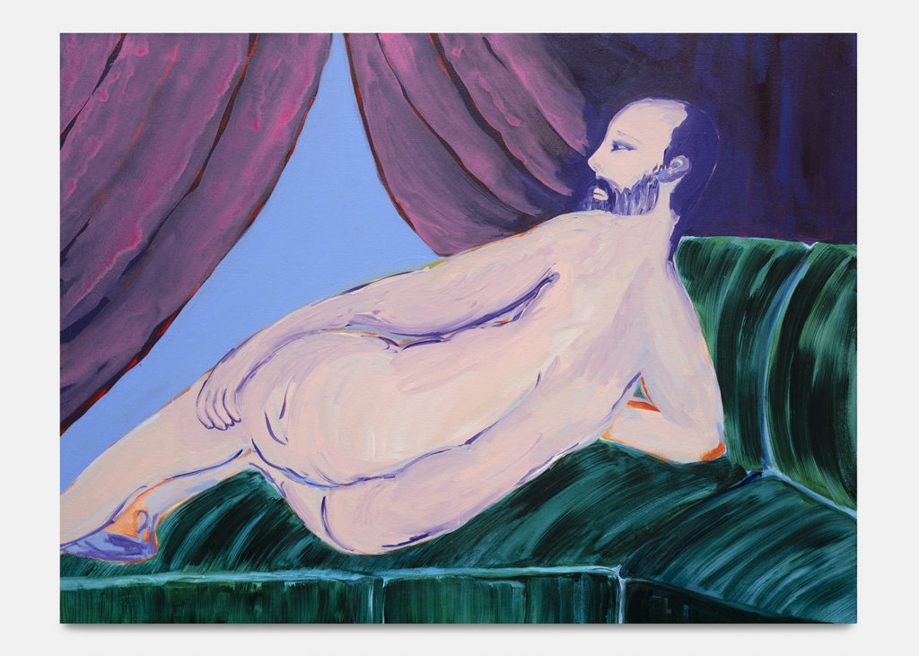 SHAGHA ARIANNIA, Here lies Graham, in the purple room, reading a book, 91x122cm, acrylic on canvas ©Nicolas Brasseur
