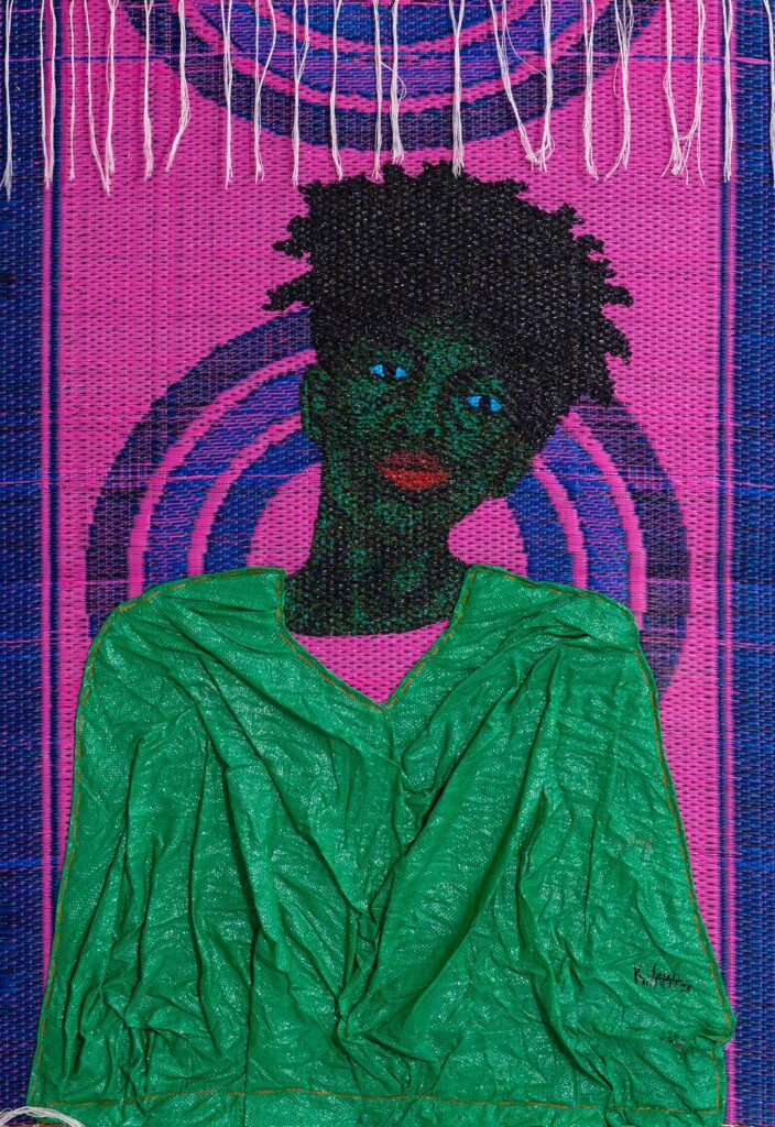 Kwaku Yaro, Aunty Dededi, 115×90 cm, acrylic, woven nylon and burlap on polymer, 2023