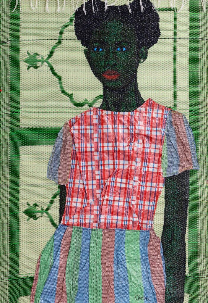 Kwaku Yaro, Ewurakua Adom, 140×90 cm, acrylique, nylon tissé et toile de jute sur polymère, 2023