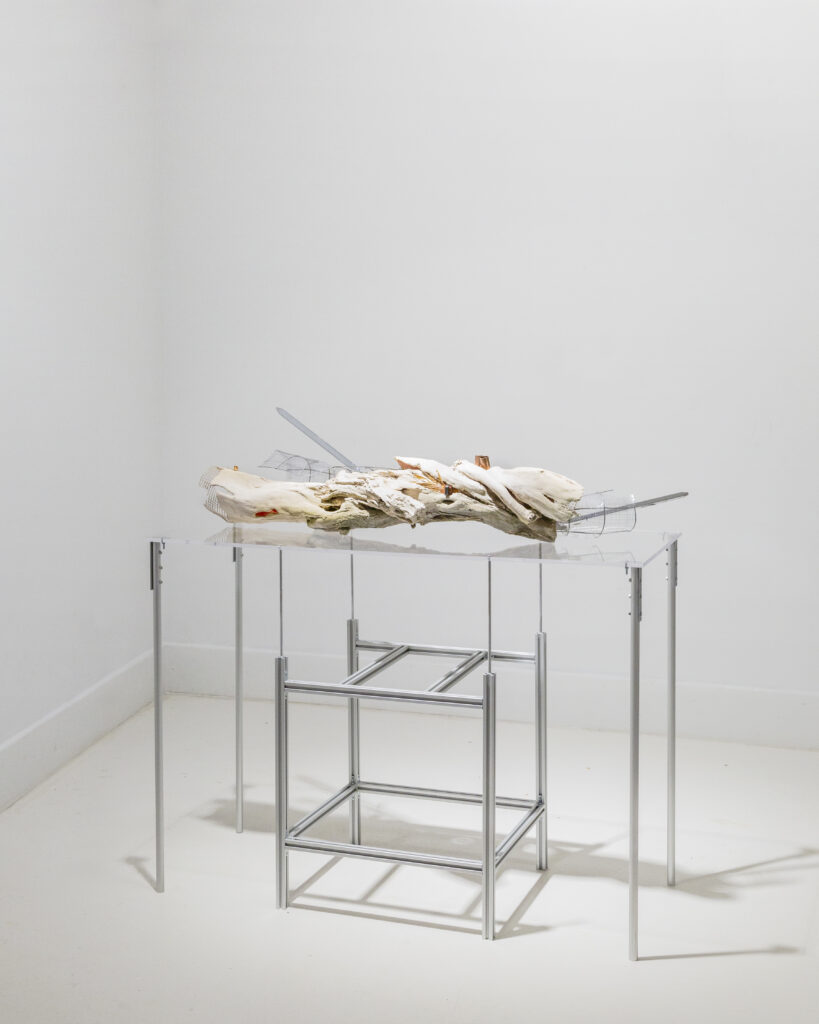 ESTHER MICHAUD, Patient 2.33_1021 2021, 100×42×100cm, wood, plaster, steel, pmma, acrylic, electronic components, 2021