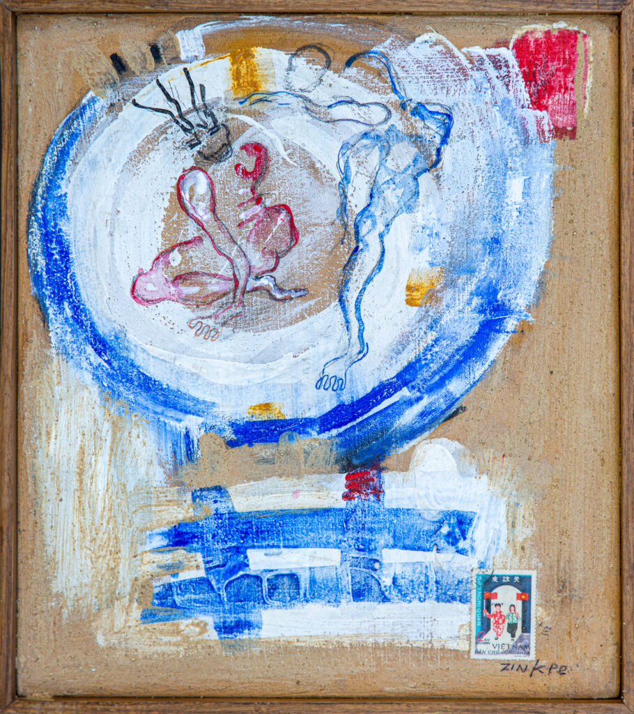 ZINKPE, Petit calin, 36.5x31.5 cm, acrylic and oil pastel on canvas, 2023